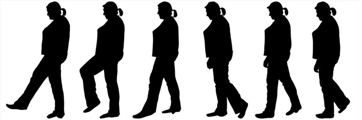 Black female silhouette isolated on white. Woman on the move with a tail on the head. A person walks at a leisurely pace. Human body. Side view. Walking. Hiking. Step-by-step silhouettes for animation