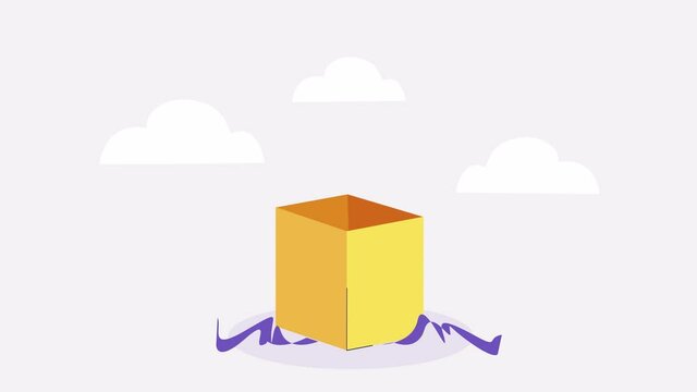 surprise present box pops up animation. confetti explosion, burst. Gift give away, Mobile Marketing, earning prizes, bonus or rewards from store. online present. Flying particles