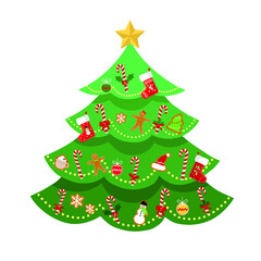 Decorative Christmas Tree with lights and hanging balls Isolated on white background Outline New Year Magical Christmas tree with holiday balls and Light String decorations isolated on white backdrop.