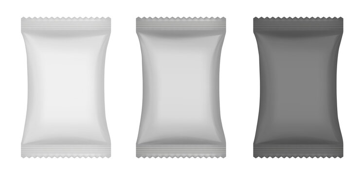Realistic 3d mockup of a flow pack or sachet. Black pouch. Lollypop, candy, chocolate bar or ice cream wrapper. Silver foil bag. Soap or wet wipes
