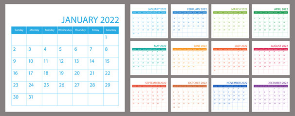 Calendar planner 2022, vector schedule month calender, organizer template. Week starts on Sunday. Business personal page. Modern simple illustration