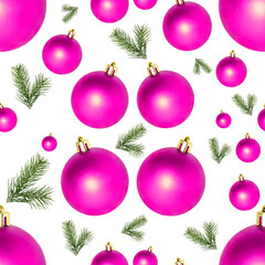 Seamless pattern of a purple ball of a Christmas tree toy and a branch of a Christmas tree. Christmas seamless pattern on a white background.