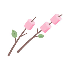 Pink marshmallow on stick isolated on white background. Roasting marshmallow on stick vector illustration.
