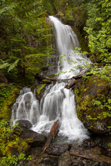Fototapeta na wymiar A double waterfall off Chinook Creek along the Eastside Trail at Mount Rainier National Park in Washington State during Spring.