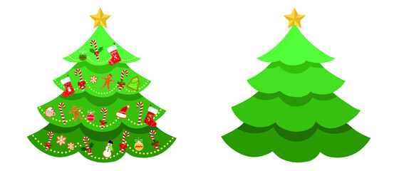 Decorative Christmas Tree set with lights and hanging balls. Isolated on white background.