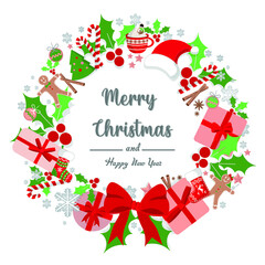 Decorative Vector Flat Design Christmas Wreath Card design Template Isolated on White Background New Year Wreath with Christmas decorations. Holiday entrance, door, shops and markets decoration.