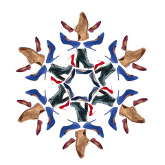 Obraz premium Snowflake image made from photos of different shoes.