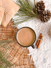 Christmas decorations and coffee on table, background, mockup
