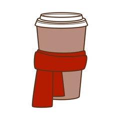 Paper cup for coffee in a scarf. Coffee to go for the winter menu. Vector illustration isolated on white background