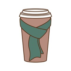 Paper cup for coffee in a scarf. Coffee to go for the winter menu. Vector illustration isolated on white background
