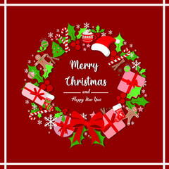Decorative Vector Flat Design Christmas Wreath Card design Template Isolated on White Background New Year Wreath with Christmas decorations. Holiday entrance, door, shops and markets decoration.
