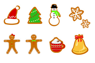 Christmas Gingerbread Cookies Set. Vector Cookies Collection Isolated on White Background New Year Sweet Ginger Biscuits. Snowman Santa hat, Christmas tree, snowflakes, bell with ribbon and coffee mug