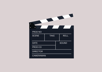 An isolated image of a clapperboard, a device used in filmmaking and video production to assist in synchronizing picture and sound