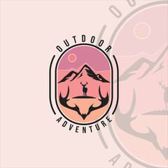 deer and mountain logo vintage vector illustration template icon graphic design. adventure outdoor at nature with retro badge and typography
