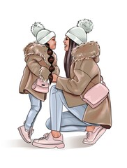 Mother and little daughter in winter clothes hold hands. The daughter kisses the mother. Illustration