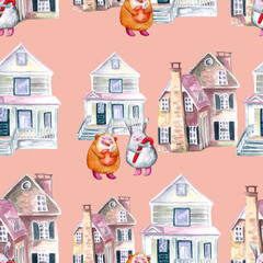 watercolor illustration seamless pattern old retro houses,Christmas soft toys with a ball and a lollipop,for wallpaper or fabric