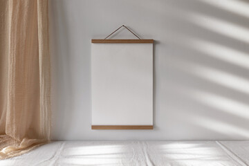 Poster hanger mockup with beige curtains