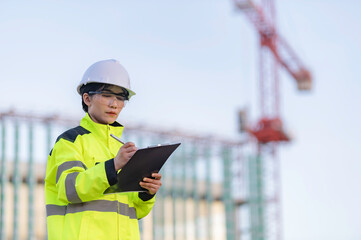 Asian engineer working at site of a large building project,Thailand people,Work overtime at construction site