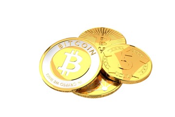 Bitcoin coin isolated on white background. Gold bitcoin.