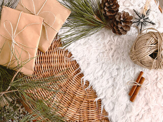 Christmas decorations on table with space, background, mockup