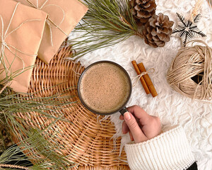 Christmas decorations, hand holding coffee, background, mockup