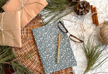Christmas decorations and notebook on table, background, mockup
