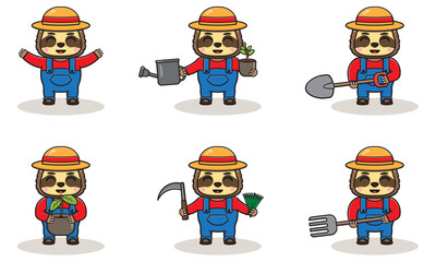 Vector illustration of Sloth farmer cartoon. Cute Sloth farmer character design with straw hat. Character flat design.