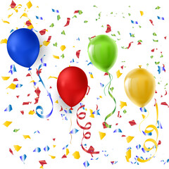Colorful balloons, confetti and streamers on a white background.