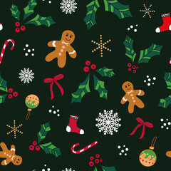 vector green happy christmas gingerbread allover seamless pattern background