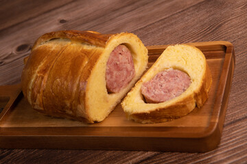 Lyonnais brioche baked with sausage style rustic, Morteau sausage