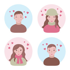 Faces of young people in love. Avatars of happy men and women in love. Portraits of smiling people for Valentine s Day. Funny faces with hearts over their heads. Vector illustration in cartoon style