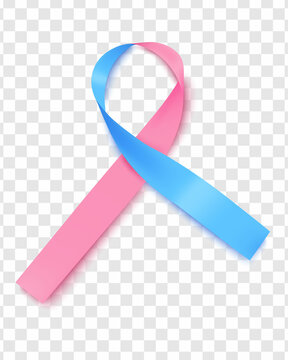 A ribbon symbol for informing men about breast cancer. Realistic blue and pink silk ribbon on transparent background