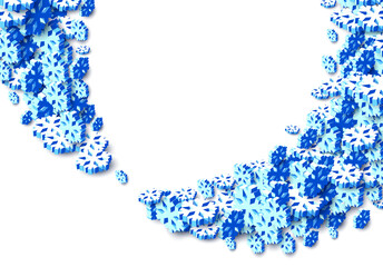 Winter background with snowstorm and sprayed snowflakes for New Years Eve holidays or abstract Christmas greeting card. 3D isometric vector Xmas snowflake shapes.