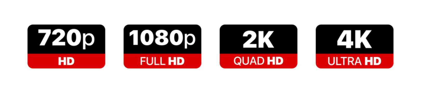 Video size resolution icon set. 720p, 1080p, 2k and 4k hd sign. High definition. Vector EPS 10. Isolated on white background