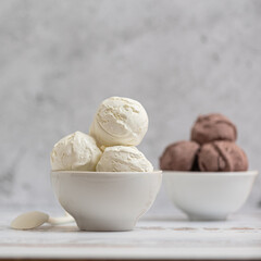 Bowl of vanilla and chocolate ice cream. on light background. Side view