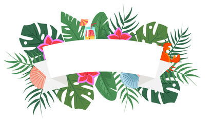 Tropical summer background with leaves, flowers, seashells, crab and cocktail. Background for postcards, sales, invitations, parties and events. Vector illustration.