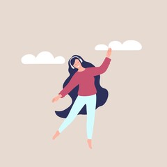 Happy woman. Cheerful girl is dancing. Girl with headphones in a good mood. Girl dreaming