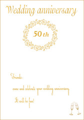 Wedding wreath and champagne glasses. Congratulations on the 50th wedding anniversary.Text and wishes.Template for postcards, digital illustrations
