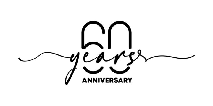 60 Years Anniversary Emblem. Anniversary Badge Or Label. 60th Celebration And Congratulation Design Element. One Line Style. Vector EPS 10. Isolated On Background