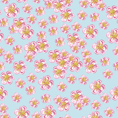 Fototapeta premium Watercolor pattern pink flowers on a blue background