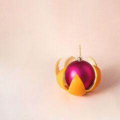 Pink Xmas bauble in orange rind on light pastel background. Minimalistic Christmas decoration concept. New Year composition. Winter holiday idea.