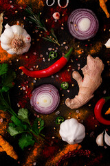 Assortment of spices, concept, food background, top view, on a black table, toned, no people, close-up,