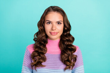 Fototapeta premium Photo of nice brunette young lady wear pastel sweater isolated on teal color background