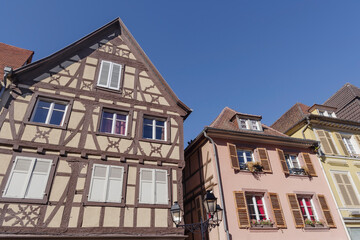 Facade of half timbered houses in Colmar, France