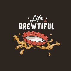 Beer metal cap with foam for print. Original brew design of beer cork with froth for bar