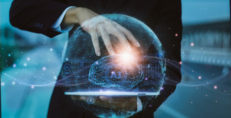 Concept futuristic innovation,technology,internet of Things,businessman hold earth and brain hologram interface screen display to analyze,artificial intelligence or AI system,banner header,panoramic