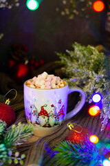 Inviting cup of cocoa surrounded by spruce branches, vibrant baubles, and soft lighting, exuding a cozy Christmas atmosphere.