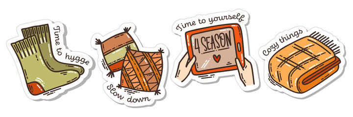 Colorful hand-drawn cold days mood stickers set with a blanket and pillow, and wooly socks and the favorite series in doodle style and lettering isolated on white background.