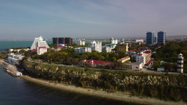 The resort of the Black Sea coast city of Anapa, Russia. A place of summer vacation. Residential areas on the Black Sea coast. Top view 4k drone video