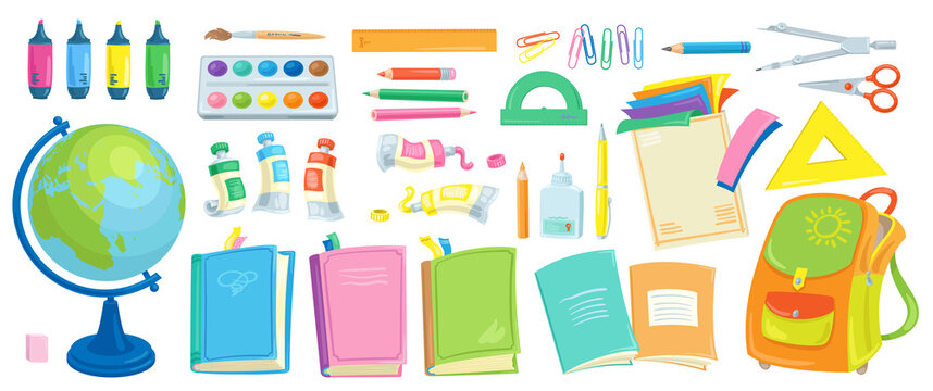 Big set of school supplies. Books, notebooks, pens, pencils, colored paper, compass, paints, brush, glue, rulers, scissors, backpack, globe. In cartoon style. Isolated on white. Vector illustration